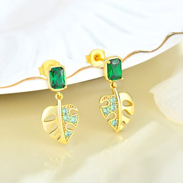 18k gold green zirconia leaf earrings – Image 4